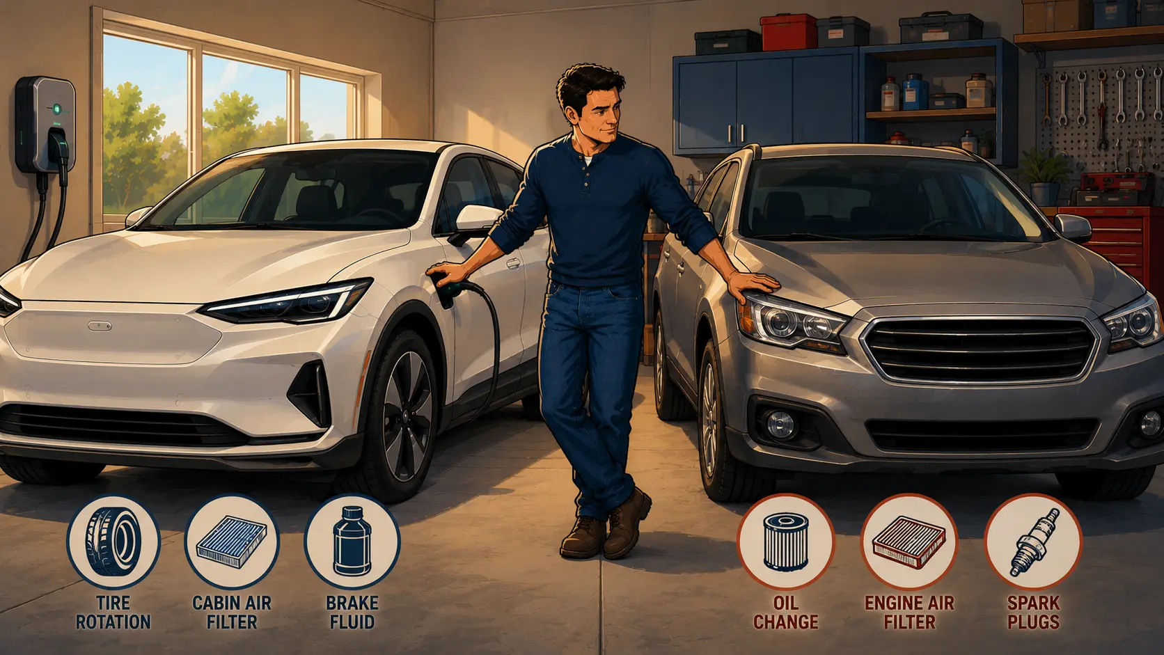 Electric vehicle and gasoline car side by side in a garage, illustrating key maintenance differences between EV and gas vehicle ownership.