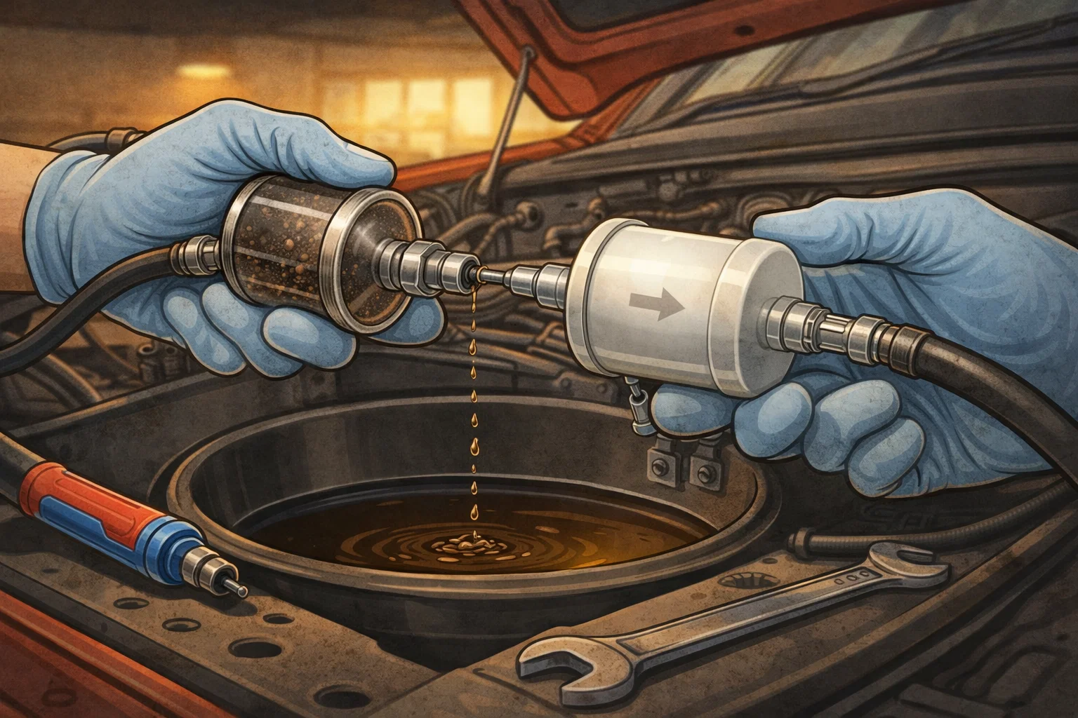 Replacing a clogged fuel filter with a new inline fuel filter while draining fuel in the engine bay during DIY car maintenance