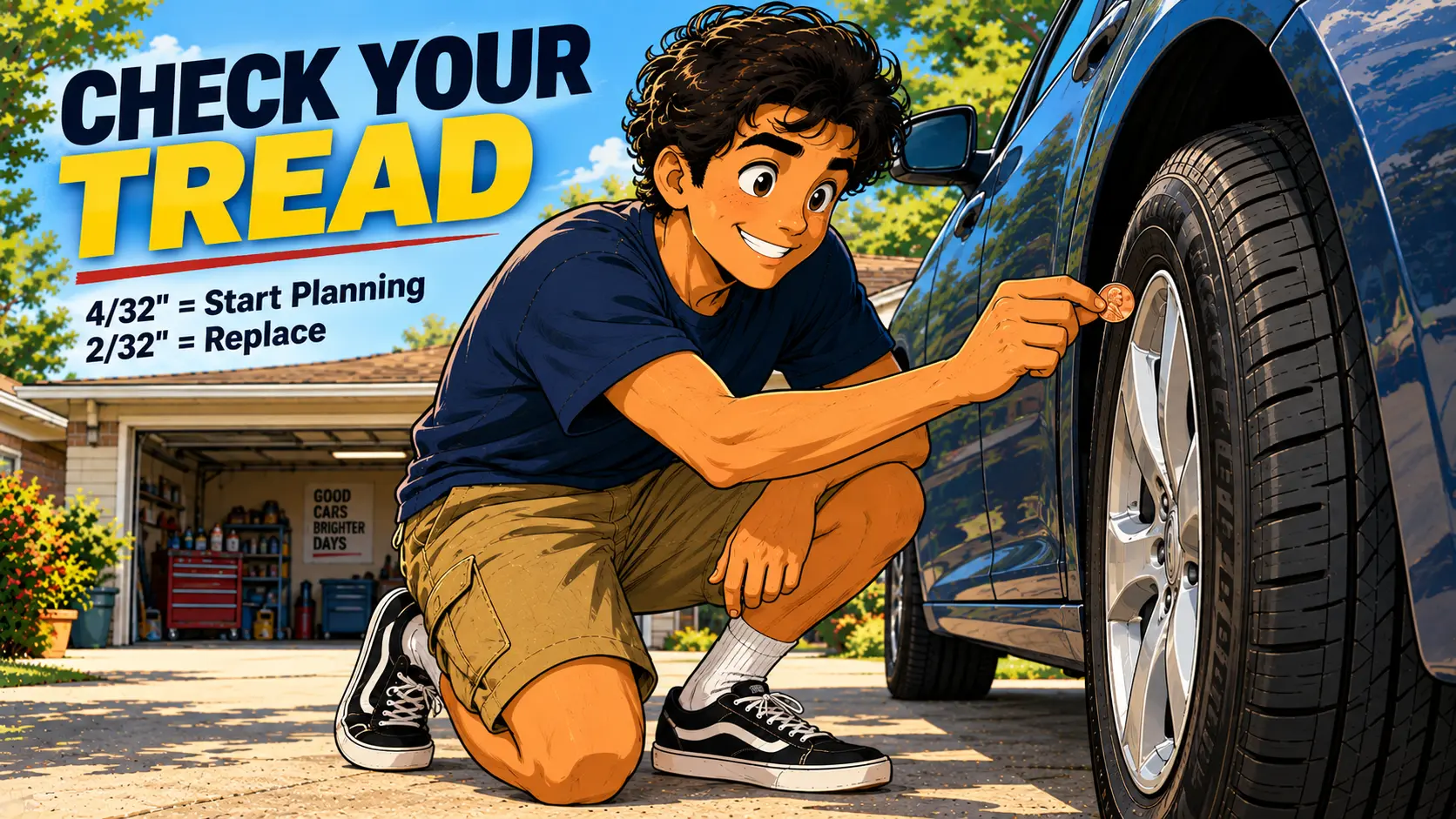 DIYer checking tire tread depth with a penny beside a car in a driveway