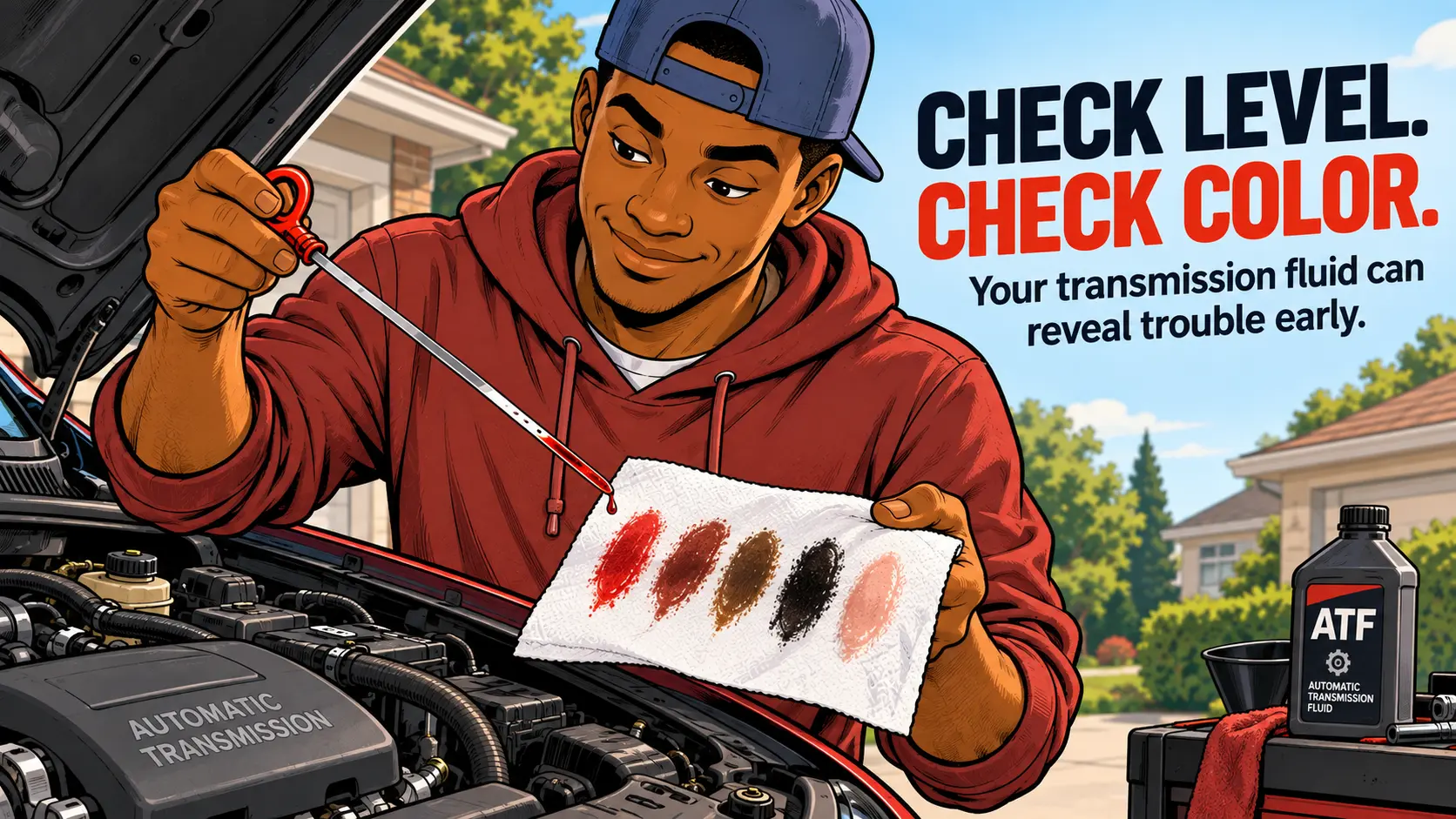 DIYer checking transmission fluid with a dipstick and comparing fluid color on a white towel beside an open car hood