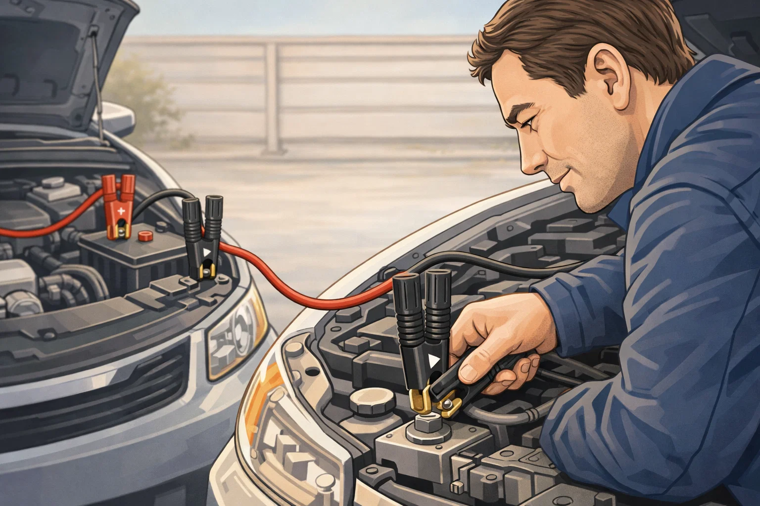Illustrated close-up of a man in a blue jacket attaching black jumper cable clamps to a car battery terminal under an open hood, with a red positive cable already connected to the battery in the background and a second vehicle visible behind him in a parking lot setting