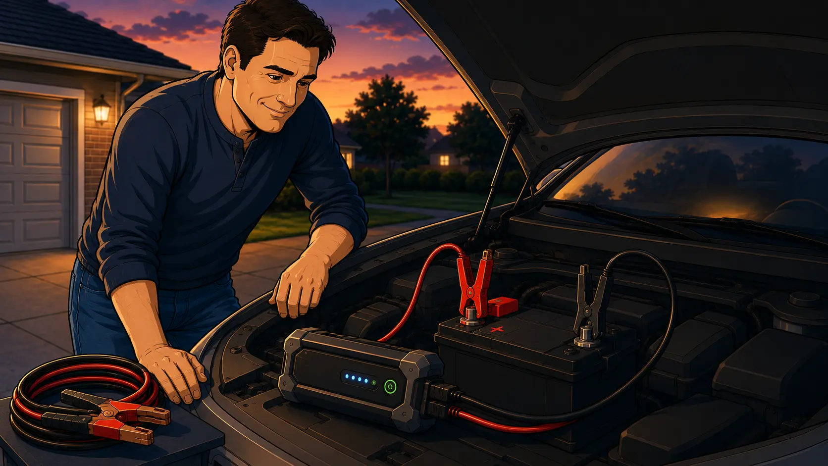 A homeowner at dusk leaning into an open car hood, clipping a compact lithium jump starter pack to the battery while heavy-duty red and black jumper cables sit coiled on the fender, illustrating the portable jump packs and cables featured in this buyer's guide.
