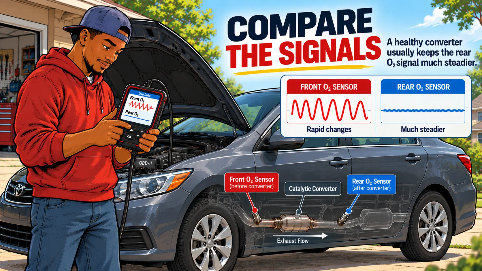 DIY mechanic diagnosing a P0420 code with an OBD2 scanner and comparing front and rear O₂ sensor signals around the catalytic converter.