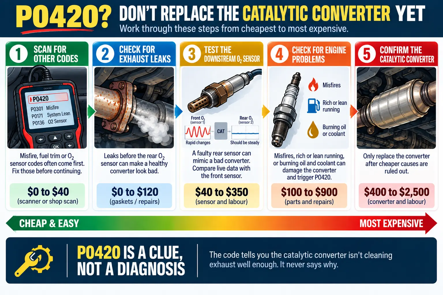 Infographic titled P0420 do not replace the catalytic converter yet, showing five numbered diagnosis steps on a cheap to expensive arrow: scan for other codes at 0 to 40 dollars, check for exhaust leaks at 0 to 120 dollars, test the downstream oxygen sensor by comparing front and rear live data at 40 to 350 dollars, check for engine problems such as misfires, rich or lean running and burning oil at 100 to 900 dollars, and confirm the catalytic converter at 400 to 2,500 dollars