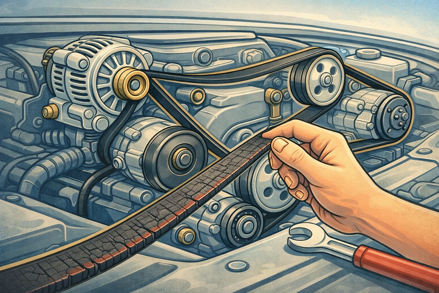 A hand holds a worn serpentine belt with visible cracks and missing rubber chunks in front of an open engine bay, revealing the alternator, pulleys, and tensioner that the belt wraps around, with a wrench resting nearby ready for replacement.