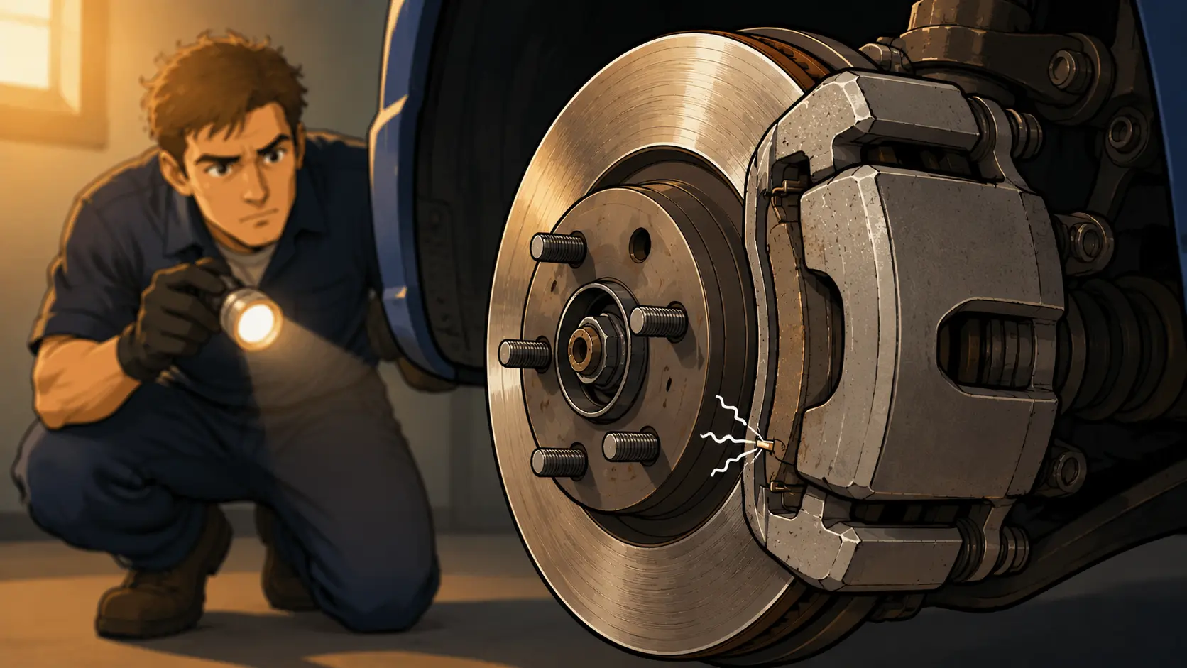 Illustrated close-up of an exposed front disc brake with a silver caliper clamped over a bare rotor and wheel hub studs, while a young mechanic in a dark blue work shirt and gloves crouches beside the wheel well of a blue car in a warmly lit garage, shining a flashlight at the brake assembly as small white squiggle lines near the caliper edge represent the squealing noise being diagnosed