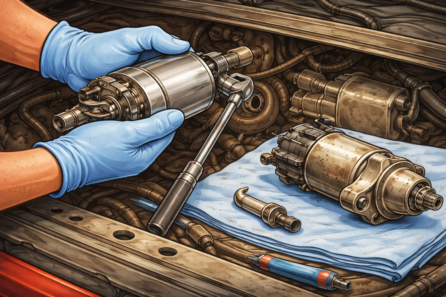 Close-up of a mechanic's gloved hands aligning and tightening a new starter motor onto the engine, while a used, dirty starter rests on a blue cloth nearby