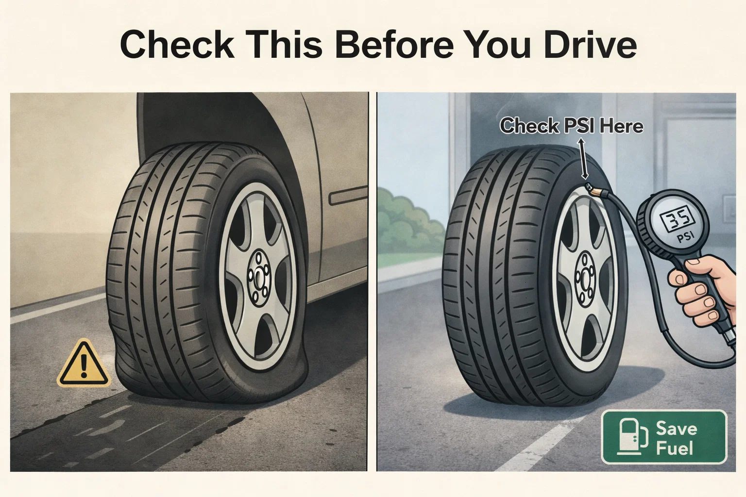 Illustrated before-and-after comparison showing a dangerously underinflated tire with a warning symbol on the left and a properly inflated tire on the right with a hand holding a digital gauge reading 35 PSI and a Save Fuel badge to highlight the safety and fuel economy benefits of checking tire pressure before driving