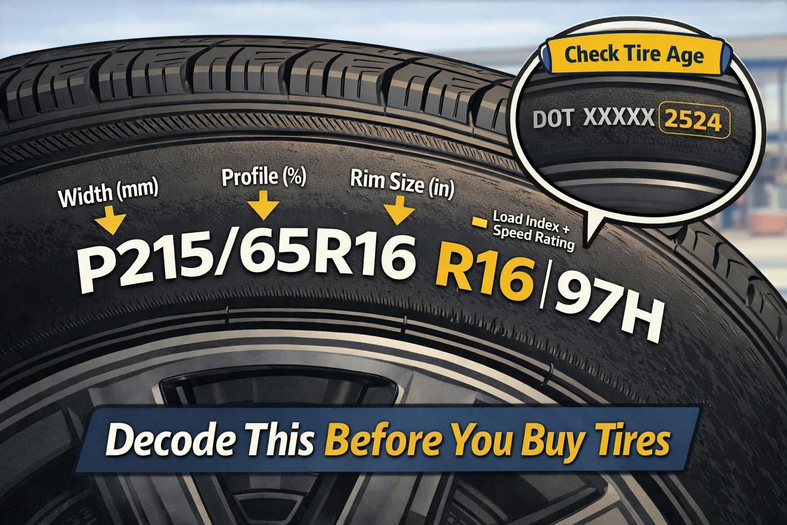 Close-up of a tire sidewall showing the size code P215/65R16 97H with labeled arrows pointing to width in millimeters, profile percentage, rim size in inches, and load index plus speed rating, along with a magnified DOT date code callout showing how to check tire age before buying new tires