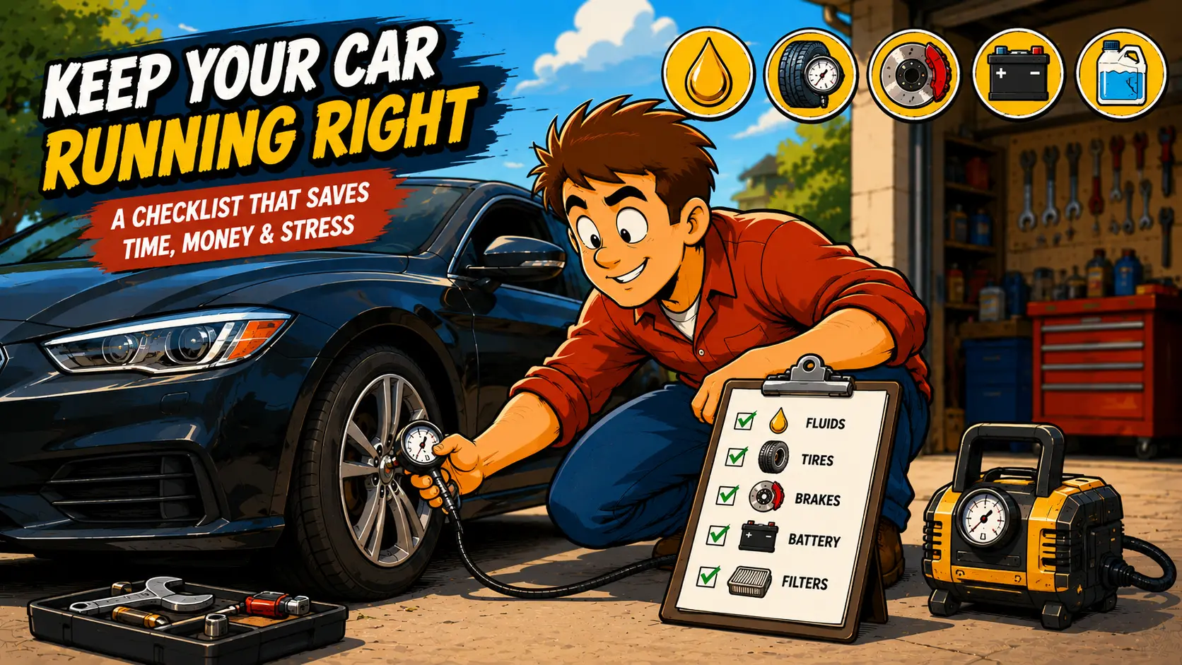 Cartoon-style illustration of a smiling DIY car owner kneeling beside a black sedan checking tire pressure with a gauge, next to a clipboard listing fluids, tires, brakes, battery, and filters, the core items on the ultimate car maintenance checklist.
