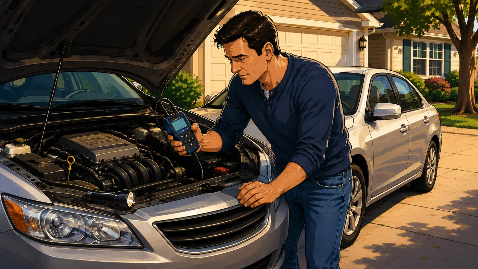 DIY car buyer inspecting a used silver sedan with an OBD2 scanner and open hood during a pre-purchase vehicle inspection.
