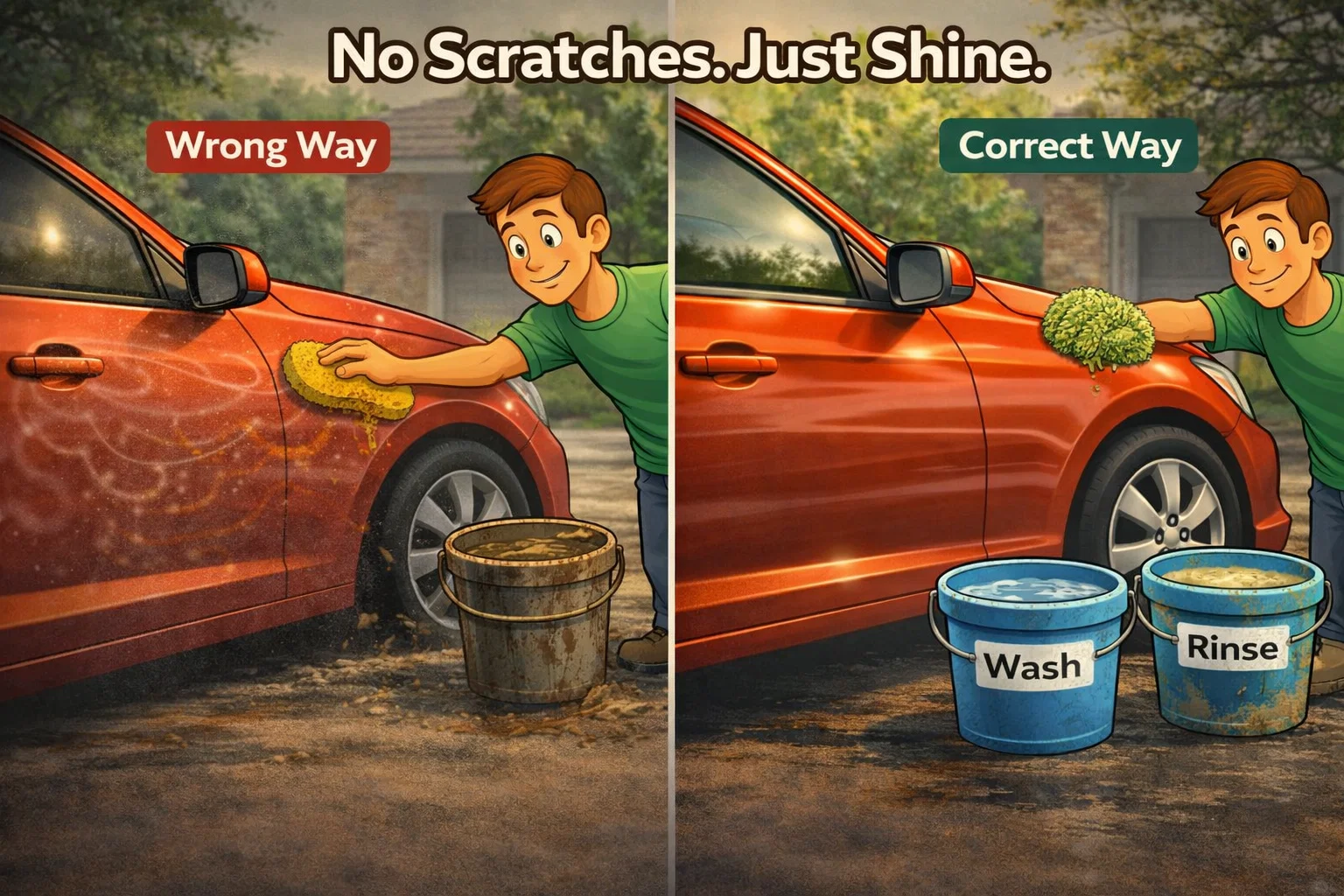Side-by-side comparison of the wrong way and correct way to wash a car, showing single dirty bucket scratching paint versus the two-bucket wash method with separate wash and rinse buckets for a scratch-free shine