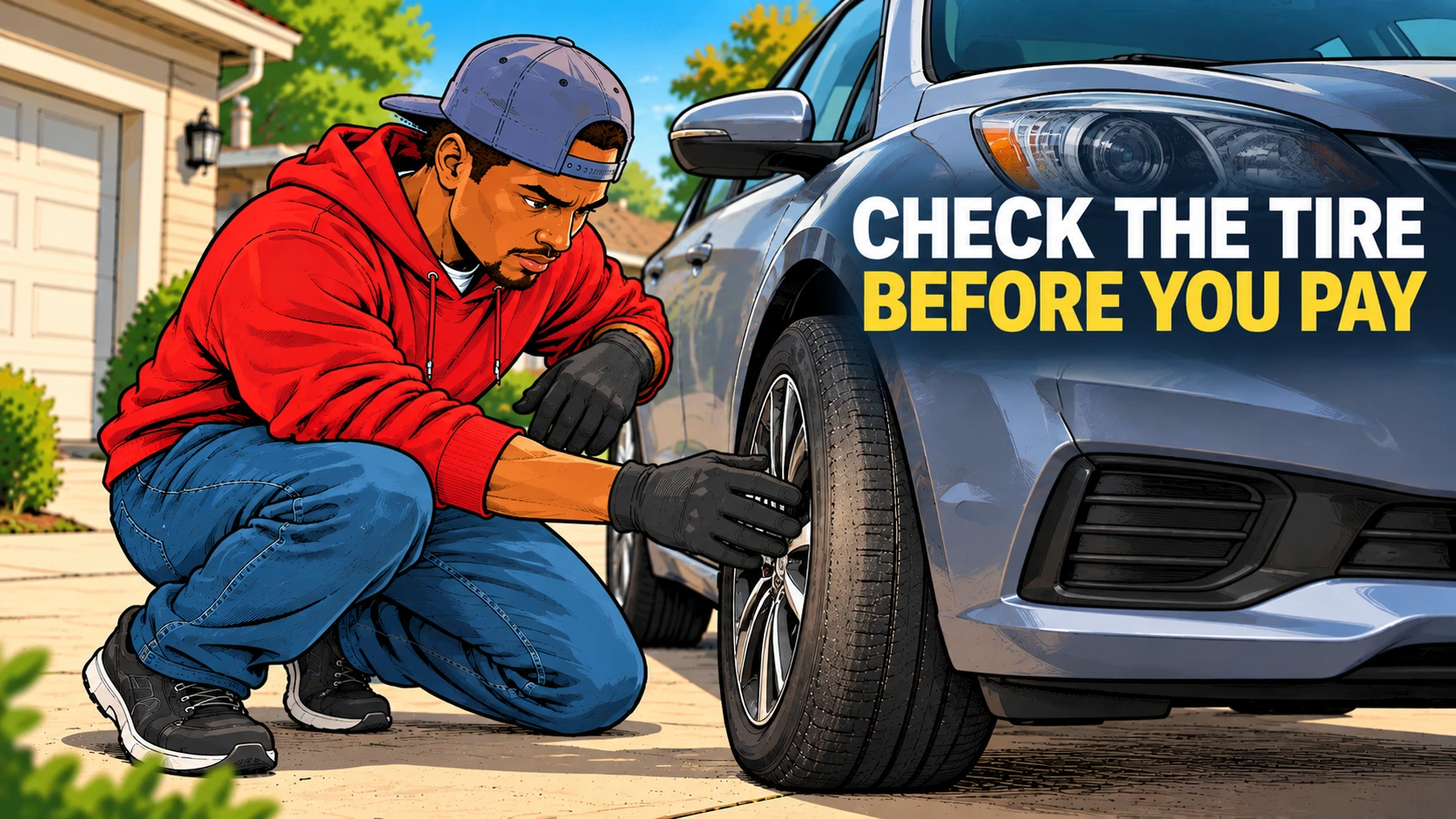 DIY mechanic crouching beside a sedan's front tire on a driveway, inspecting the tread for uneven wear before paying for a wheel alignment.