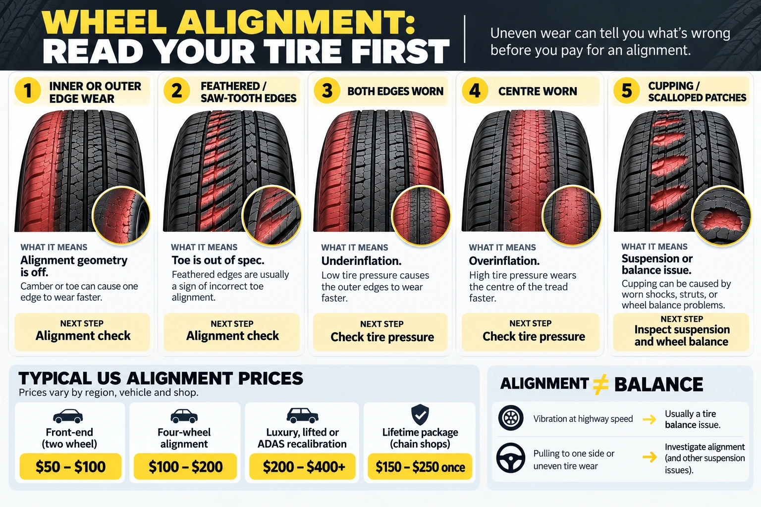 Wheel alignment infographic showing five tire wear patterns, their likely causes, recommended next steps, typical U.S. alignment costs, and the difference between alignment and wheel balance.