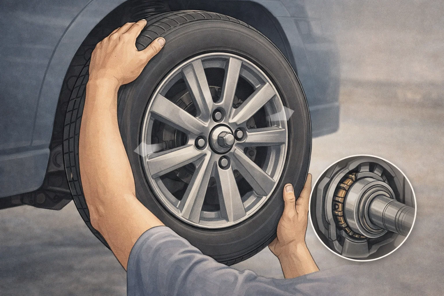 Illustrated split view showing a hand reaching toward a silver alloy wheel mounted on a vehicle on the left and a detailed wheel bearing hub assembly with exposed rollers and mounting flange on the right