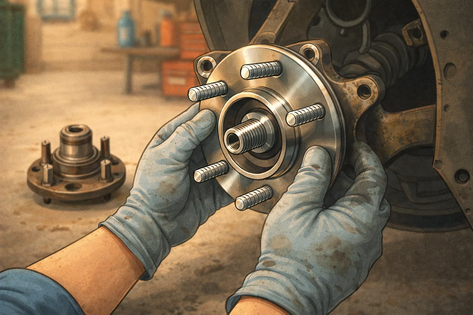 Close-up of a wheel hub assembly replacement with a mechanic installing a new hub and bearing on a car suspension.