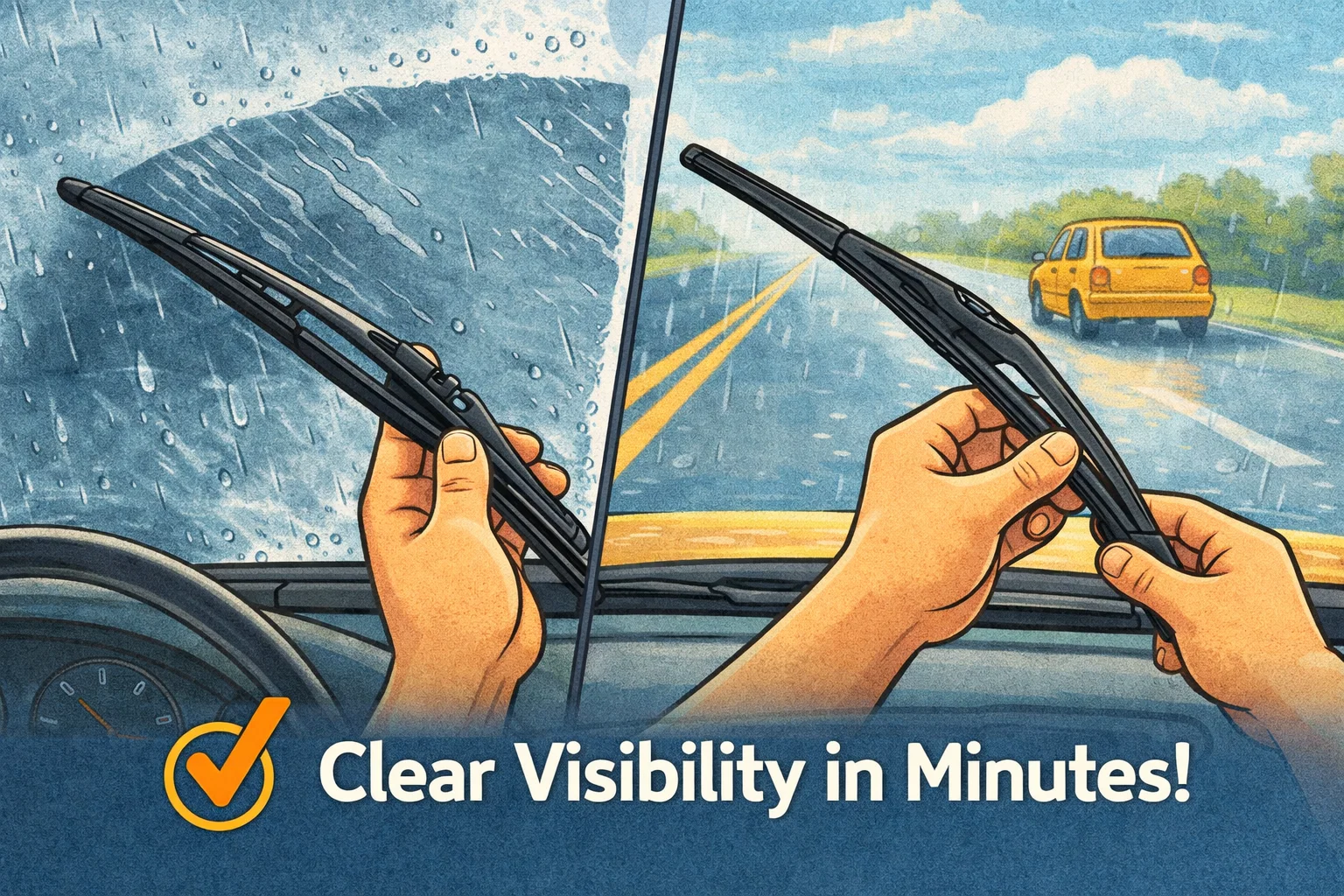 Before and after windshield wiper replacement showing streaky rain-covered windshield with worn blades versus clear visibility on a wet road after installing new wiper blades
