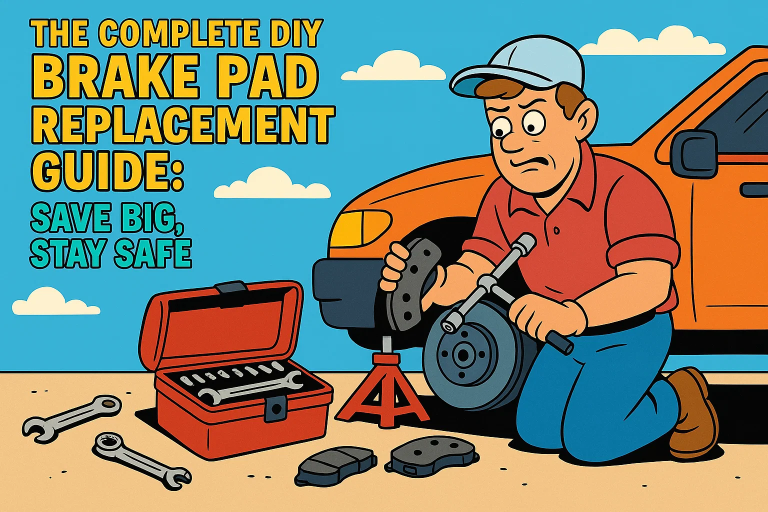 A DIY mechanic replacing brake pads on a vehicle, showing the brake caliper, rotor, and new brake pads ready for installation.