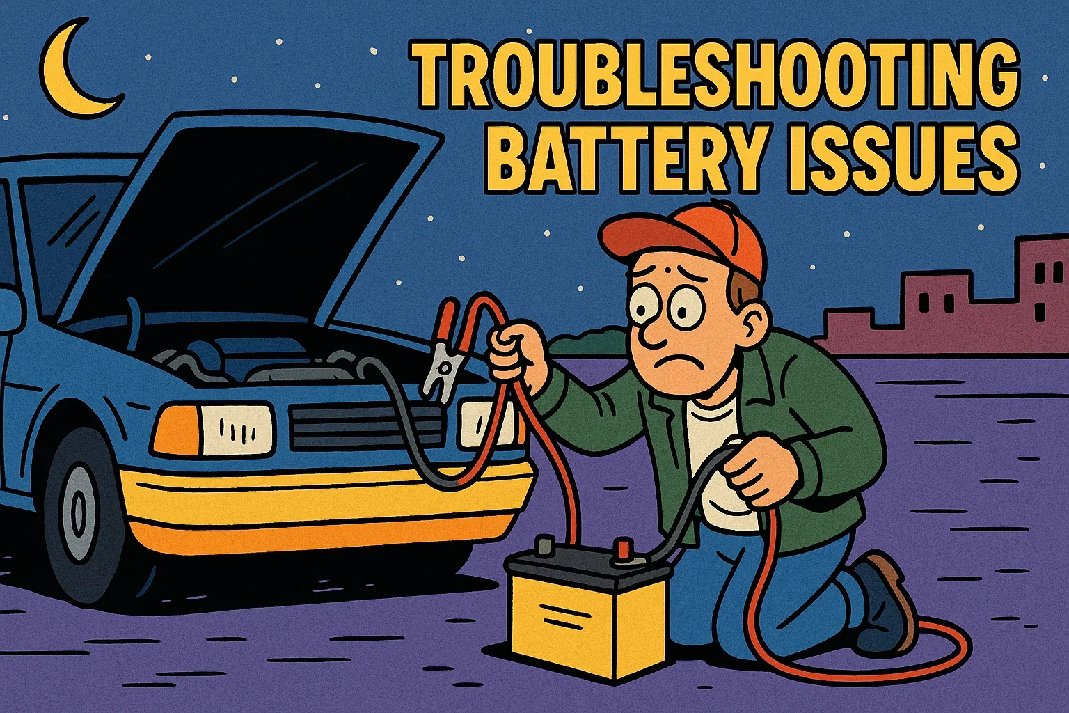 A person grappling with a car battery and jumper leads next to a car with its hood open at night, capturing that sinking feeling when your battery gives up on you.