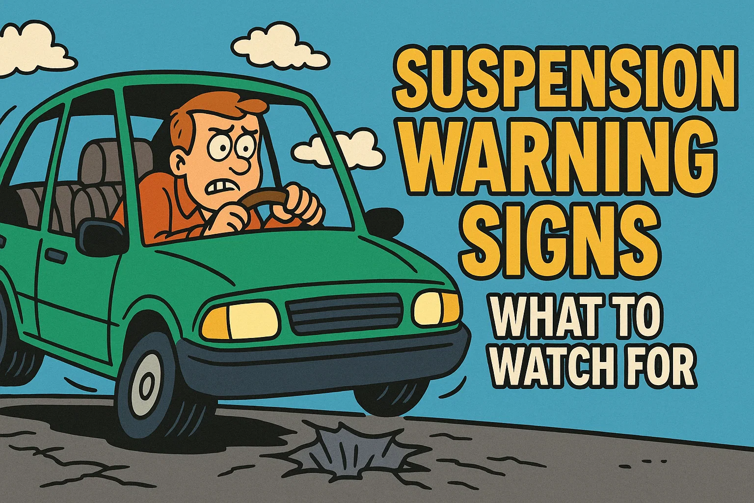 A car encountering a severe pothole, with the driver's anxious expression highlighting the immediate impact of a failing suspension system and the need to decode your car's distress signals.