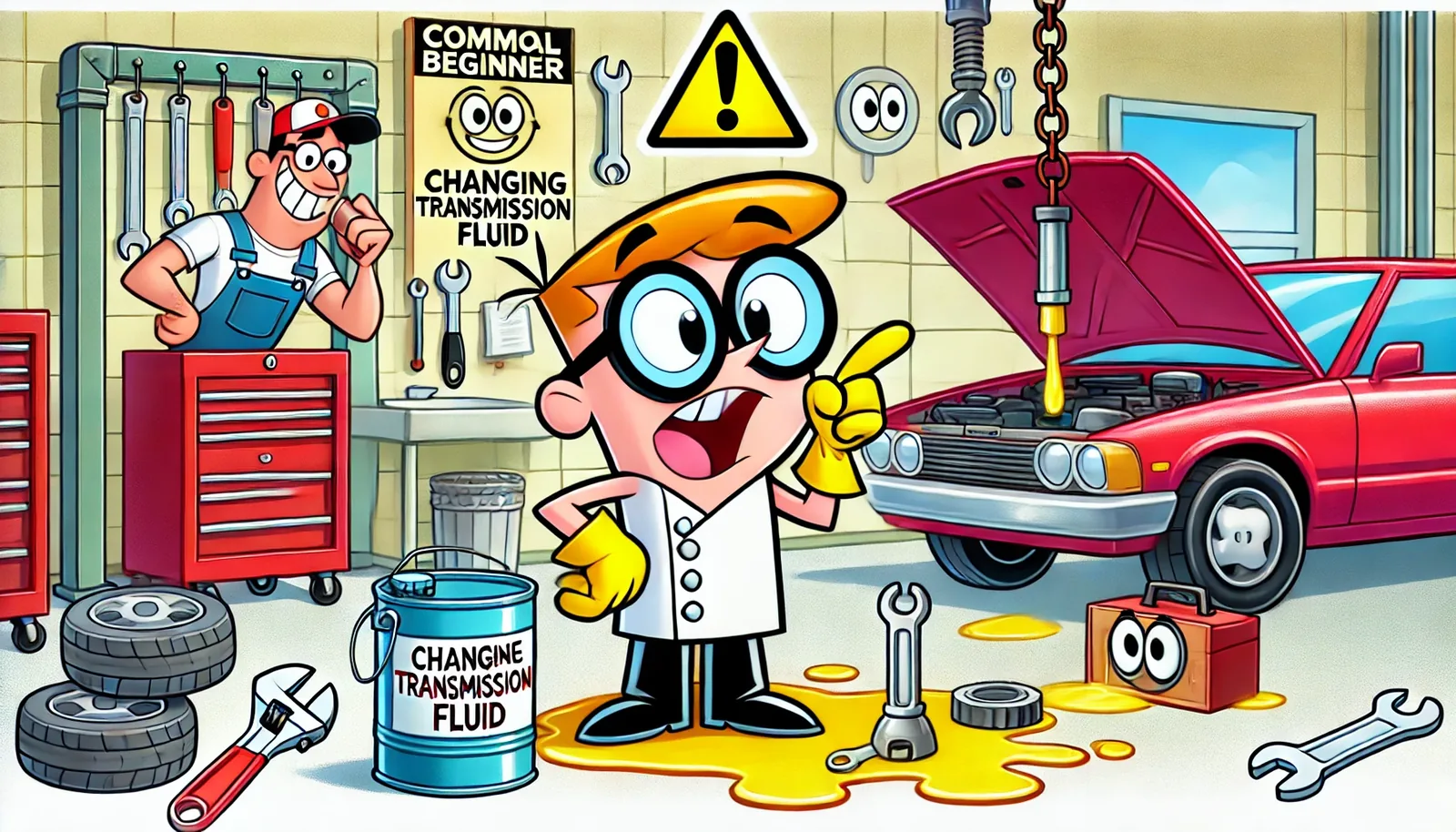 A fun and engaging cartoon style character, making common mistakes beginners should avoid when changing their transmission fluid.