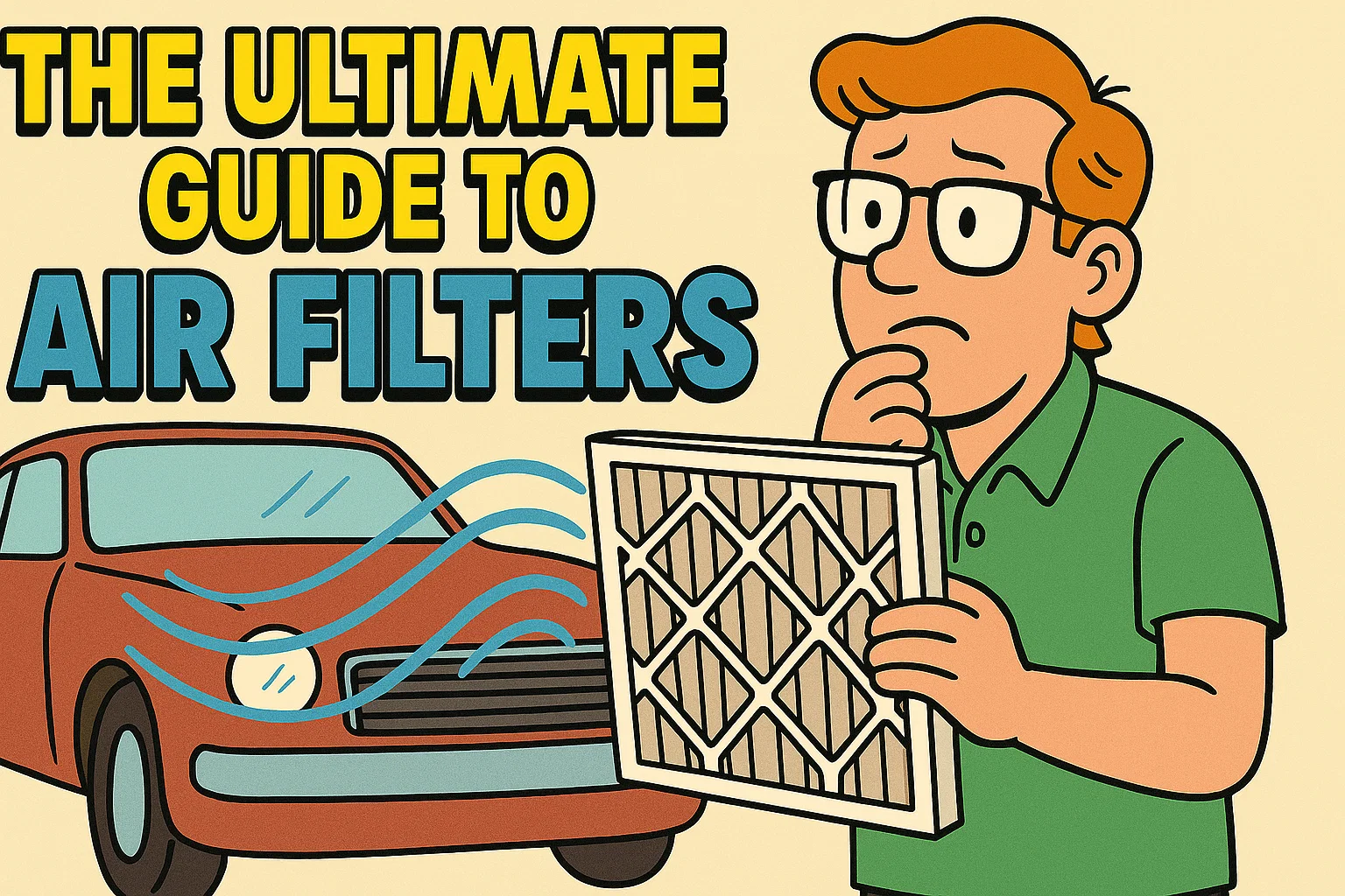 A worried-looking man in glasses inspects a rectangular air filter with a puzzled expression, while in the background, a car emits wavy lines of air from its front, symbolizing the constant flow of air that needs filtering.