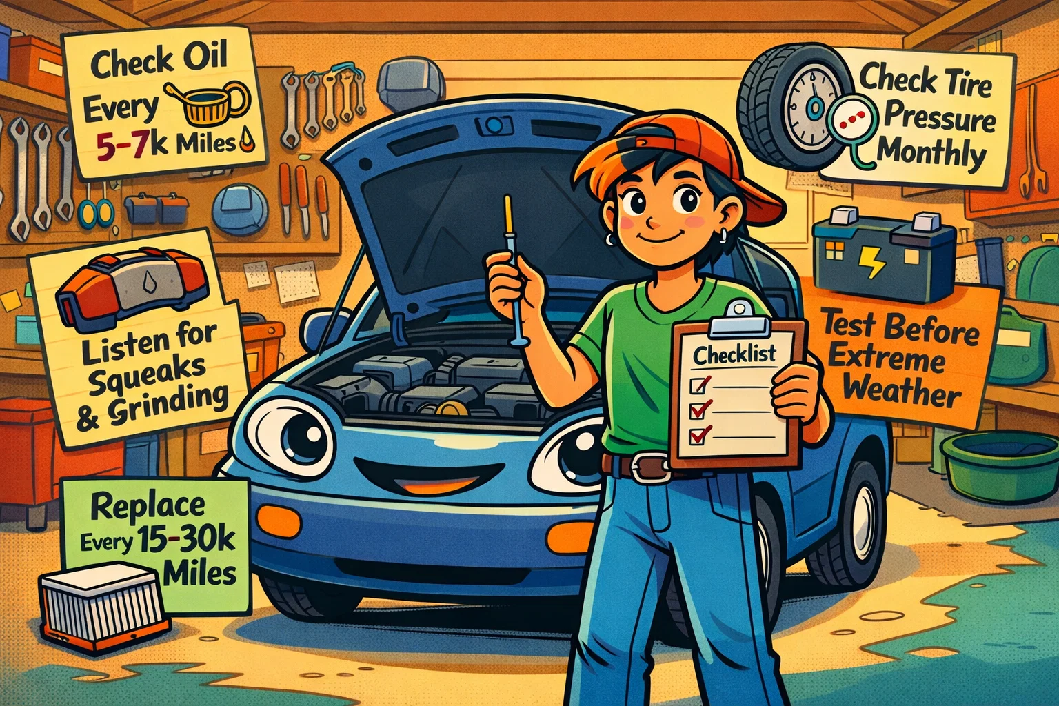 Cartoon-style 16:9 illustration of a confident first-time female car owner standing in a clean garage with her car hood open.