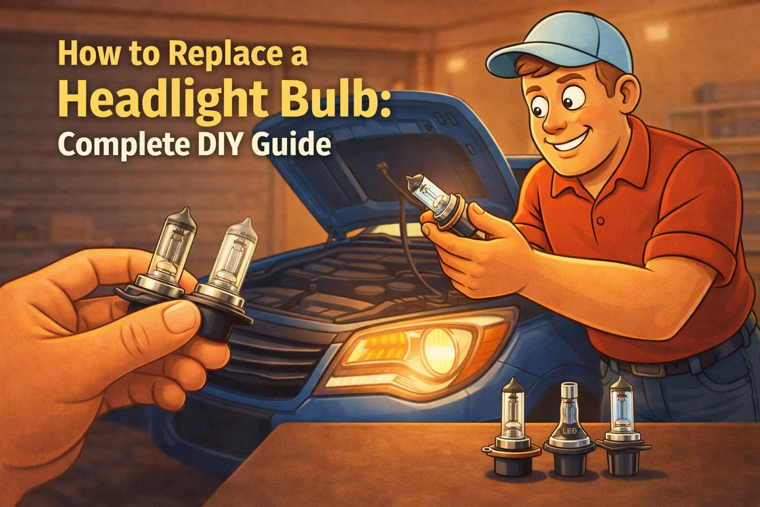 Illustrated DIY guide thumbnail showing a smiling man in a garage holding a car headlight bulb in front of an open hood, while a large foreground hand holds two additional bulbs for comparison. A blue car with one headlight illuminated is in the background, and three different bulb types sit on a table. On-screen text reads: How to Replace a Headlight Bulb: Complete DIY Guide.