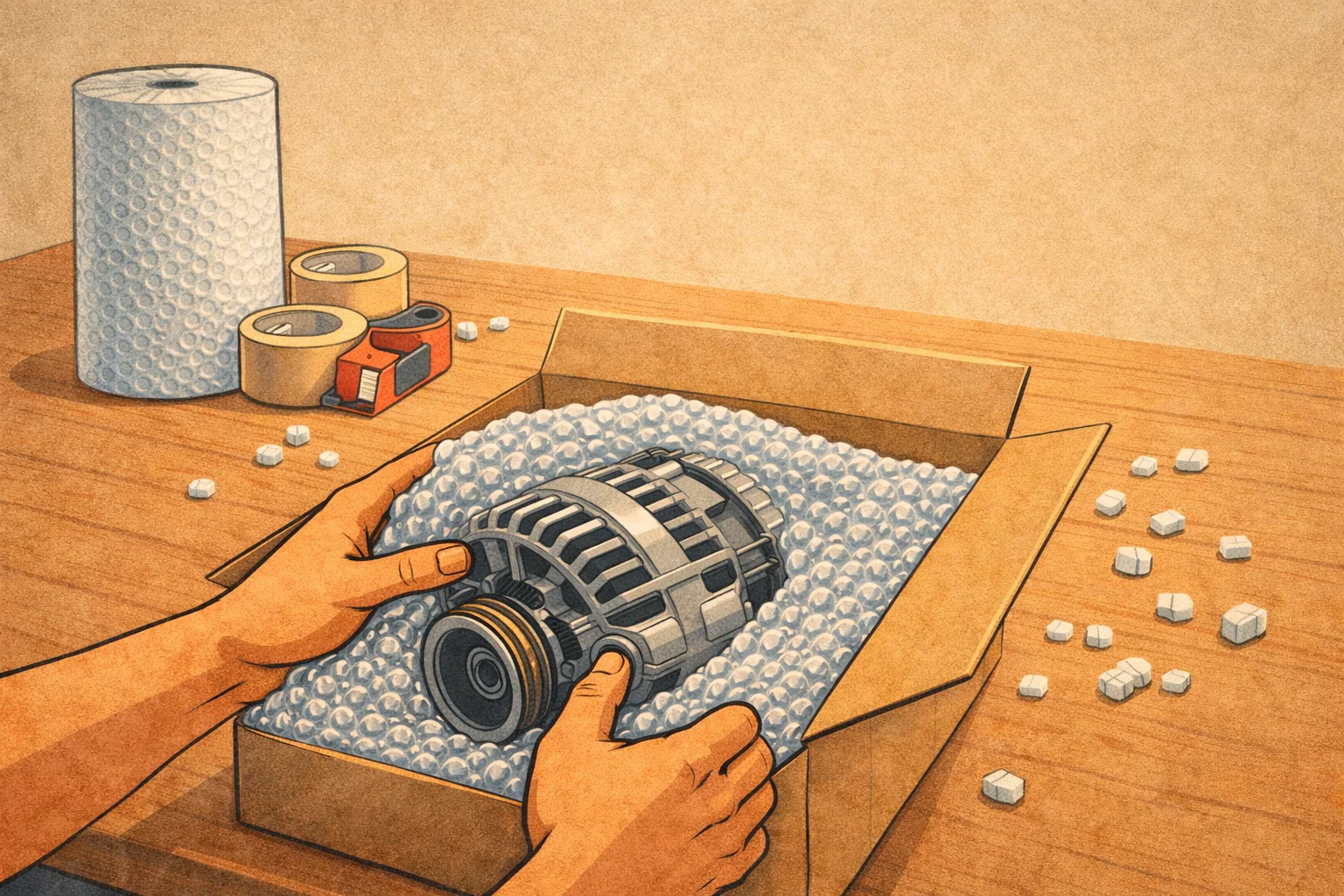 Illustration of hands wrapping a car alternator in bubble wrap and placing it in a padded shipping box on a workbench with packing materials nearby