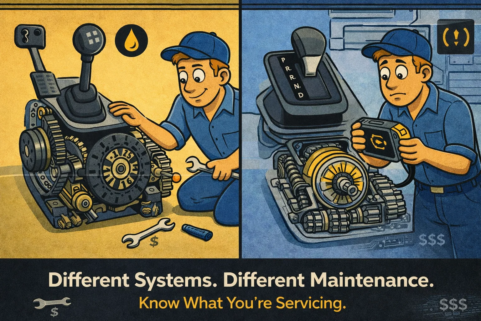 Split-screen illustrated infographic comparing manual and automatic transmissions. On the left, a mechanic works on a simplified manual transmission with visible gears and clutch components in warm yellow lighting, with a subtle low-cost indicator. On the right, the same mechanic examines a more complex automatic transmission with planetary gears and electronic components in cool blue lighting, with a subtle higher-cost indicator. Headline reads: 'Different Systems. Different Maintenance. Know What You're Servicing.'