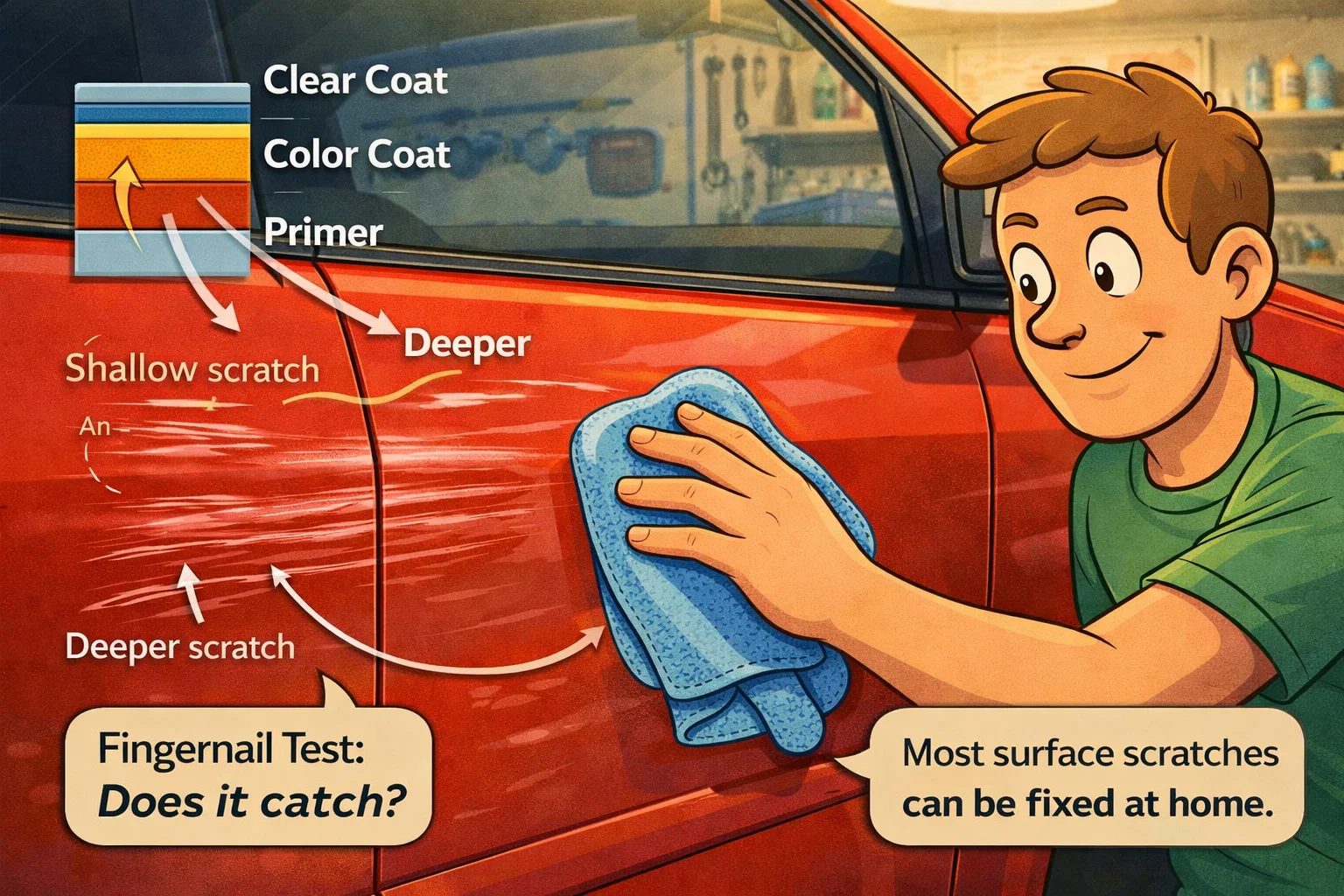 Illustration of a person polishing scratches on a red car door panel with a microfiber cloth, showing labeled paint layers (clear coat, color coat, primer) and examples of shallow and deeper scratches to explain how to identify scratch depth using the fingernail test.