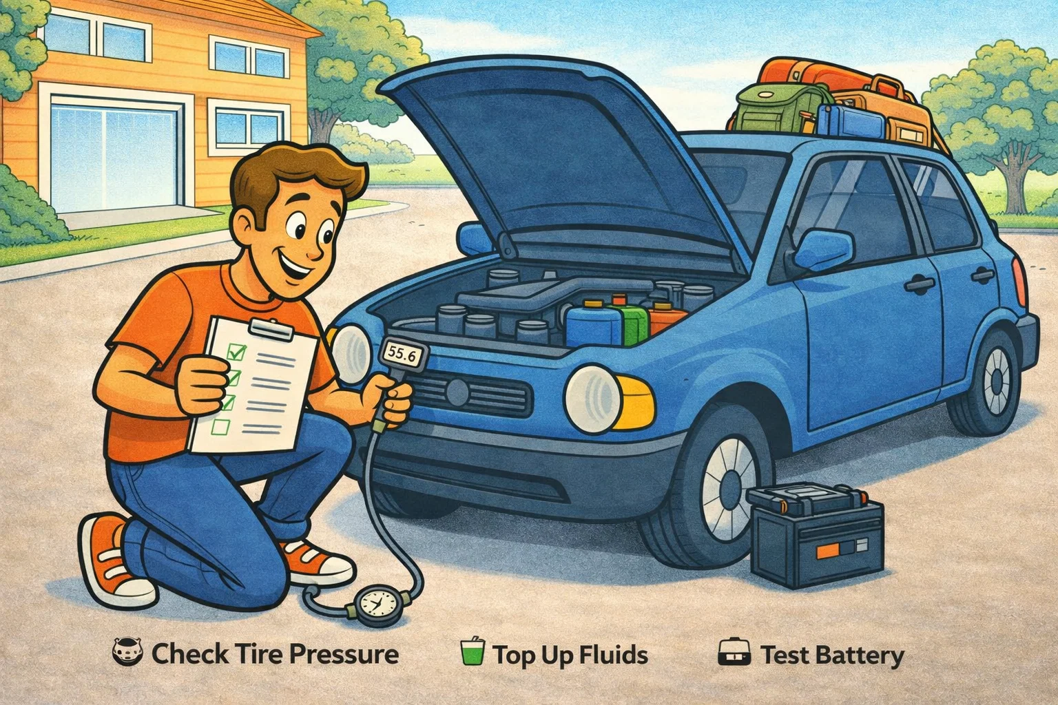 Man kneeling beside a car using a tire pressure gauge while the hood is open to check fluids and test the battery, preparing for a road trip in a sunny driveway