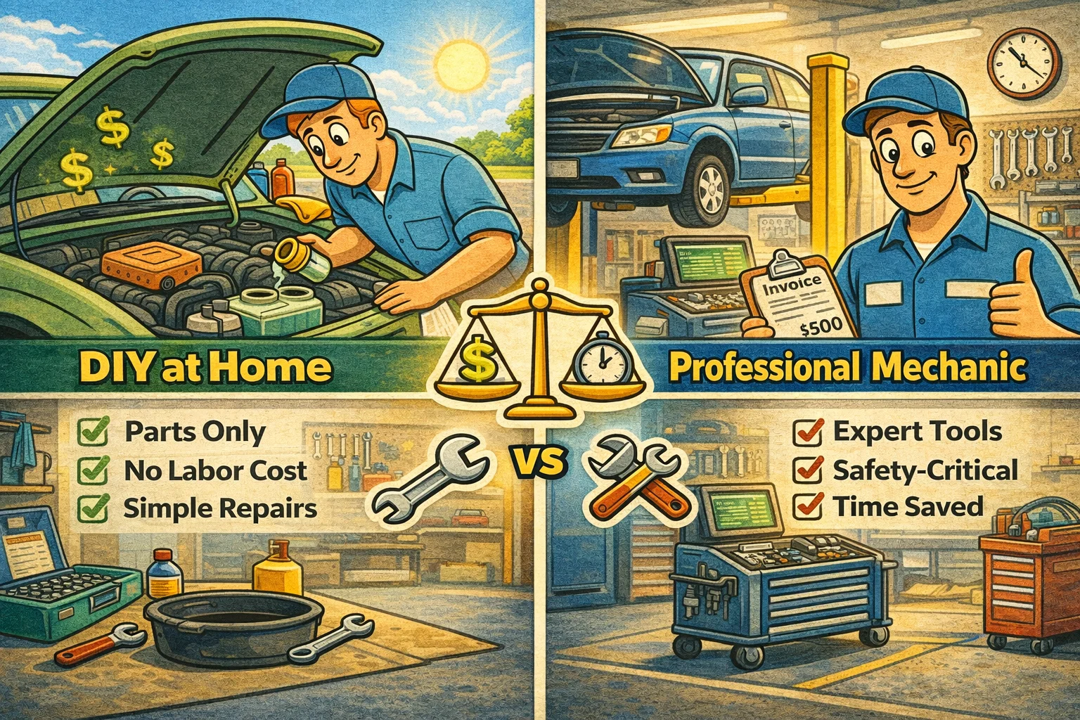 Split-screen cartoon illustration comparing DIY car repair at home versus a professional mechanic shop. On the left, a car owner performs engine maintenance with dollar signs indicating cost savings. On the right, a professional mechanic holds a $500 invoice inside a fully equipped garage. A balance scale and tools in the center emphasize the cost and value comparison between DIY repairs and professional service.