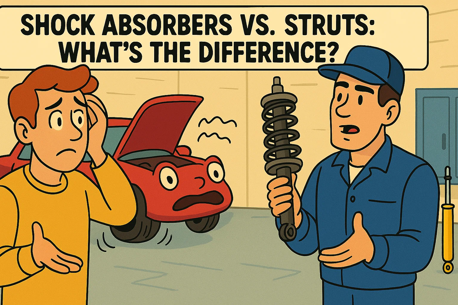 A perplexed driver, standing beside his bouncing red car with its hood open, listens as a mechanic explains the difference between a shock absorber and a strut.