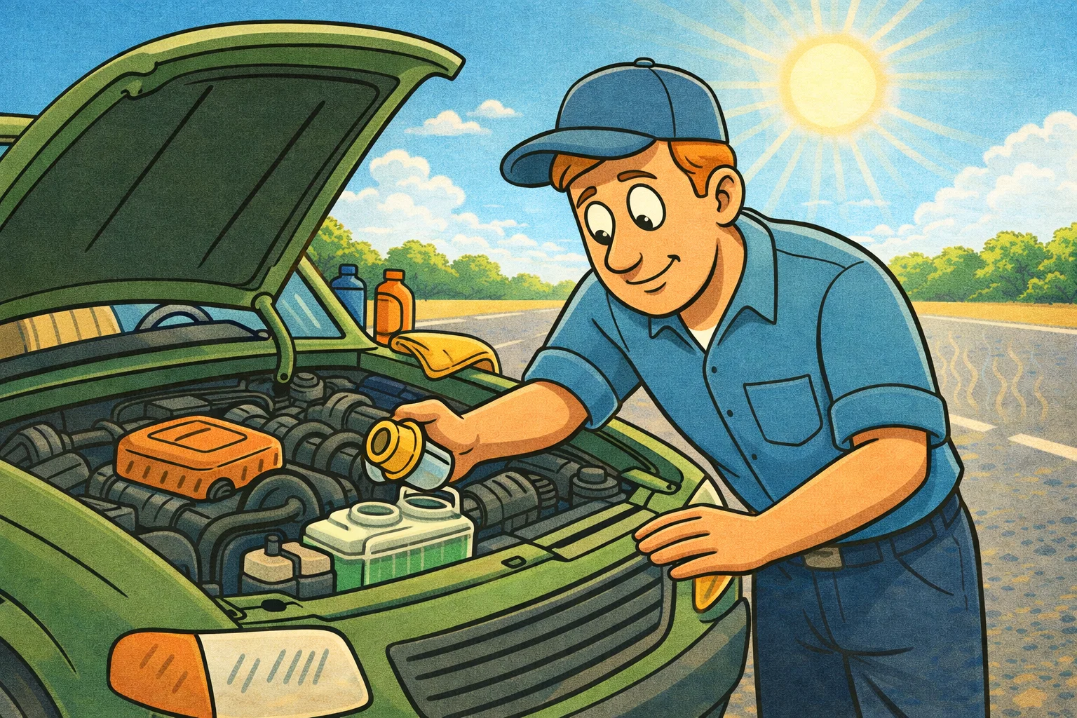 Car owner inspecting coolant level during summer car prep to prevent engine overheating in hot weather