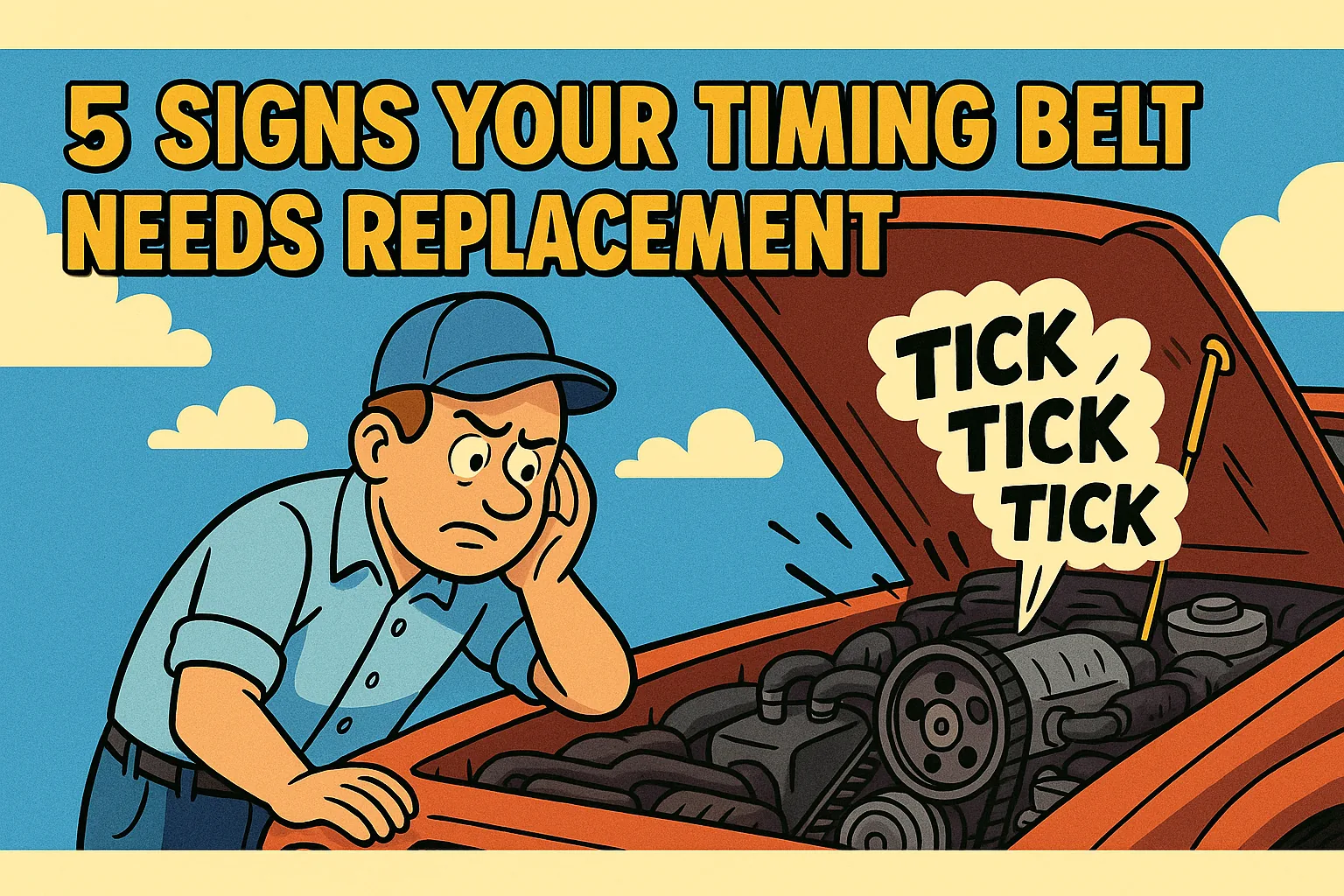 Don't let that persistent ticking become a $4,000 nightmare: An anxious driver looks at his engine, where a 'TICK, TICK, TICK' warns of impending timing belt failure.