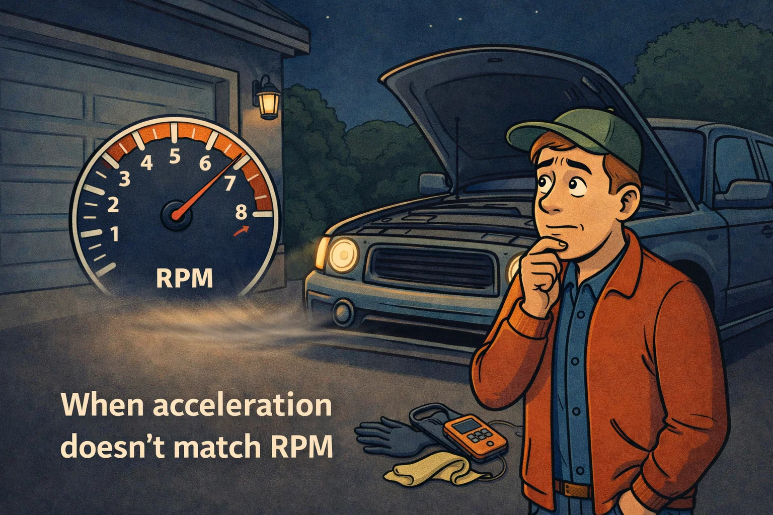 Car owner diagnosing transmission slipping symptoms after noticing high RPM with poor acceleration